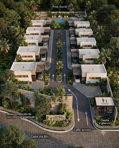 Del Río Townhouse — Master plan: 10 unidades, área social y caseta de vigilancia