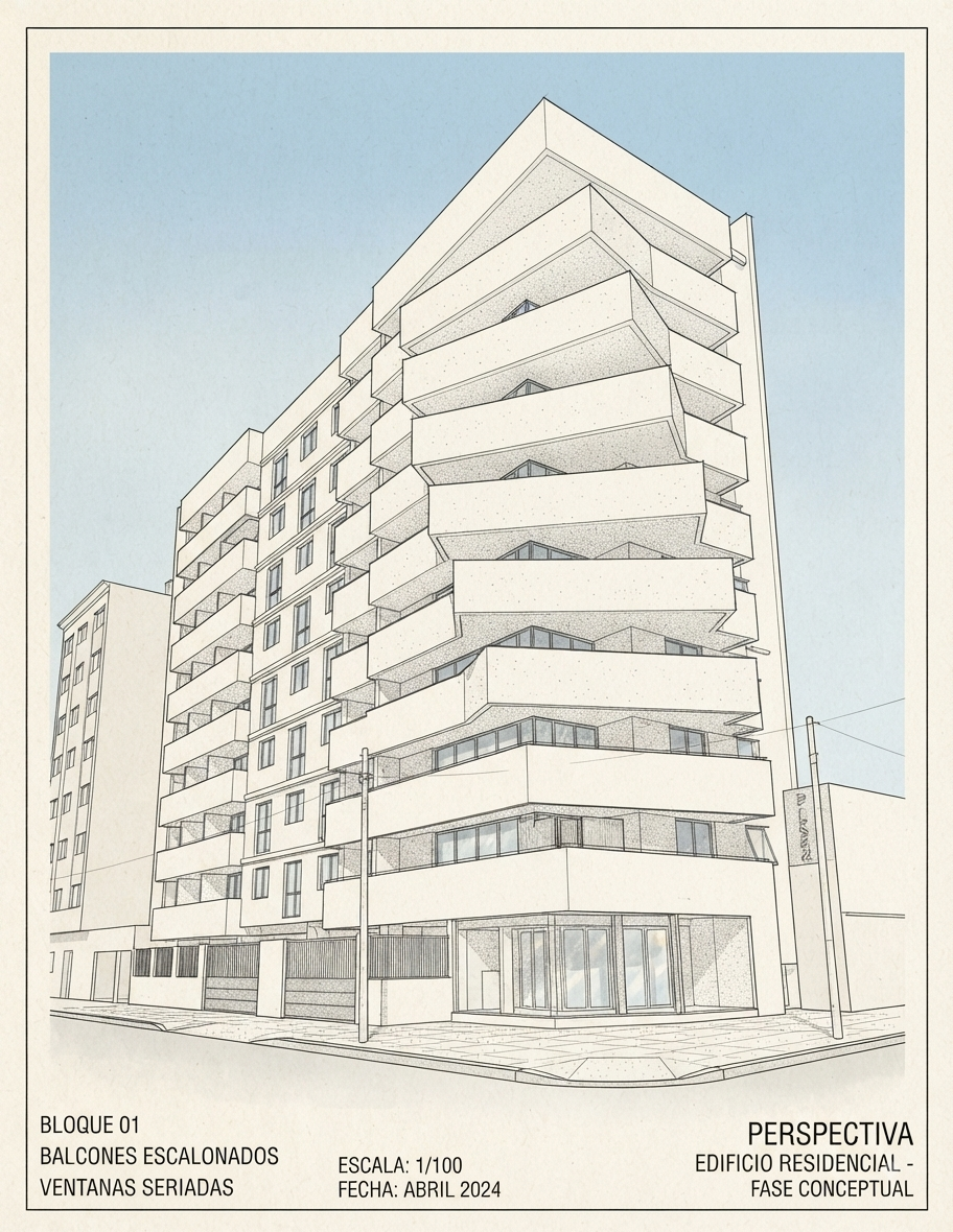 Mystic Tower Caracas — Boceto arquitectónico — Bloque 01, escala 1/100
